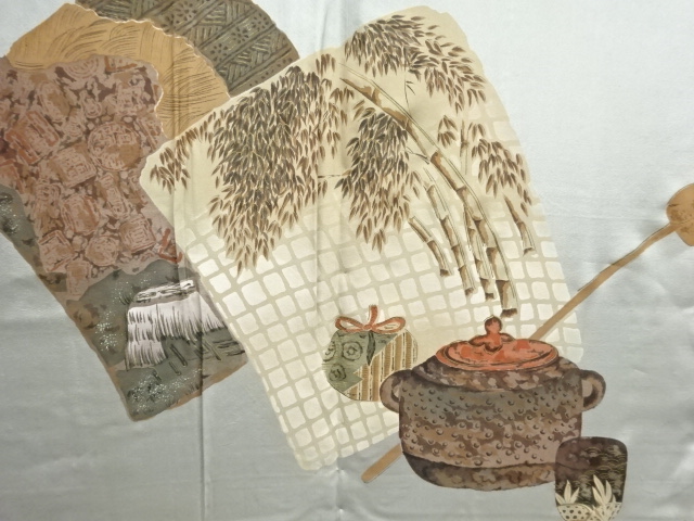 アンティーク　茶道具模様肩裏本場泥大島紬80亀甲男物羽織